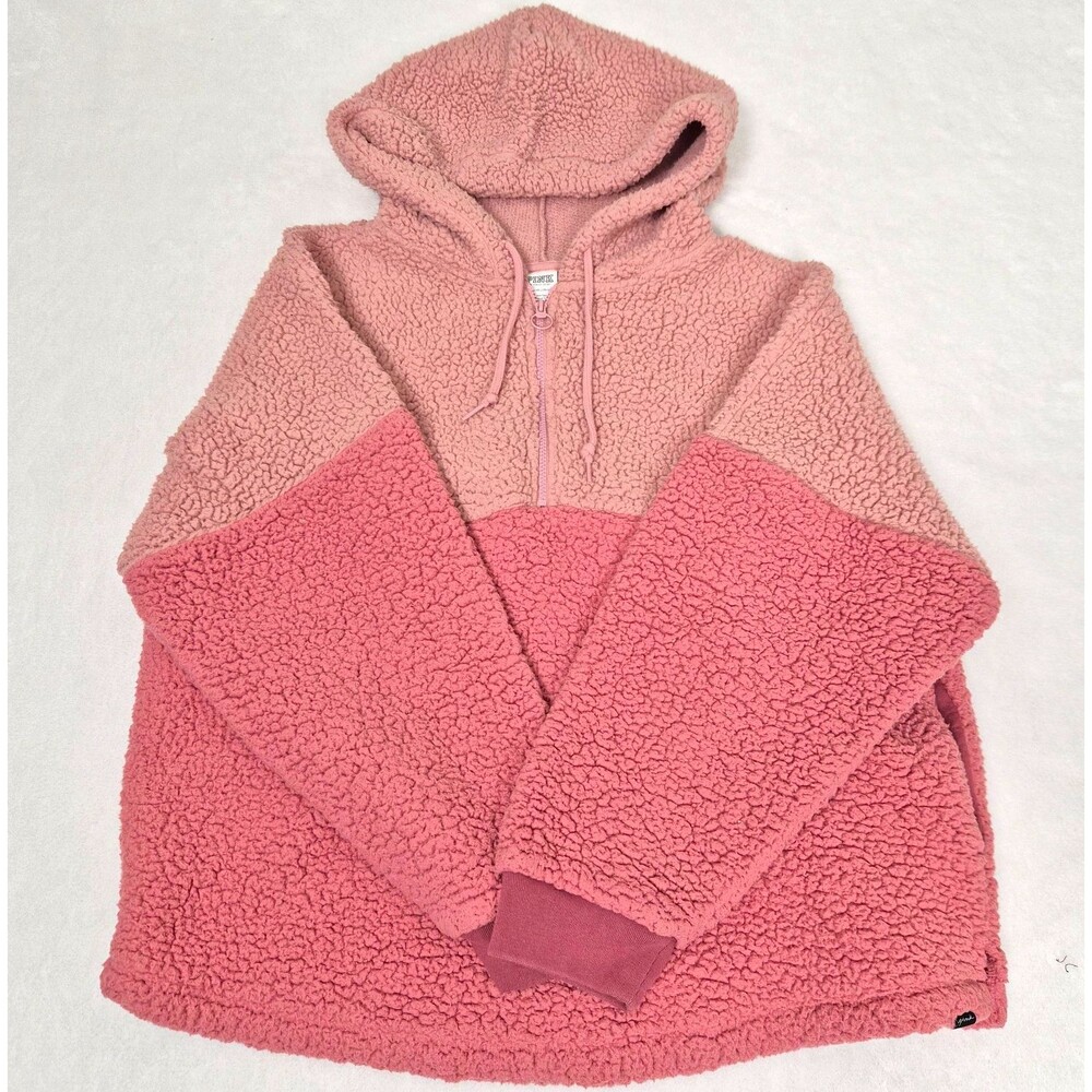 Victorias Secret PINK Sherpa Hoodie Half Zip Two Tone Pink Womens XL Cozy Cabin